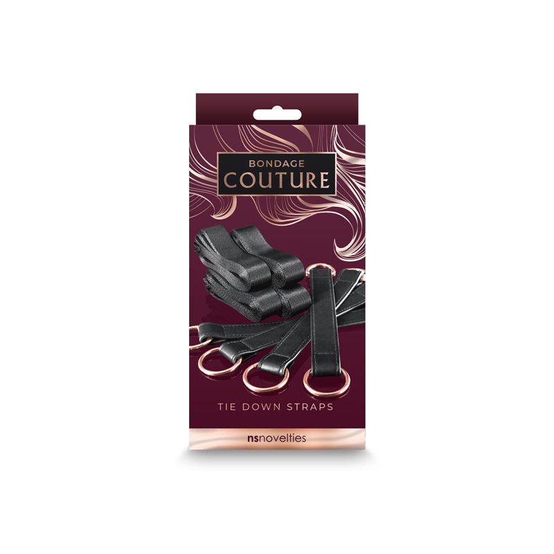 Bondage couture black tie down straps front in the box | Flirtybay.com.au